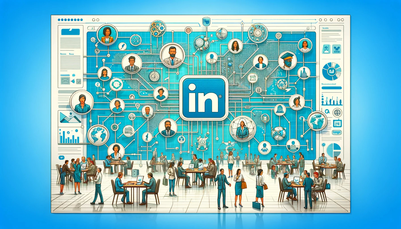 Corporate cover image depicting a LinkedIn-inspired network connecting diverse professionals, symbolizing talent acquisition.